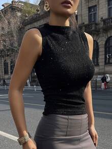 DAZY 女士夏季无袖立领亮片纹理面料修身吊带衫 - 黑色 - 查看 5
