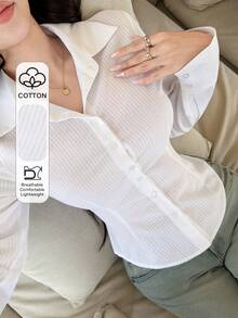 DAZY Camisa casual de oficina de manga larga y ajustada de un solo pecho para mujer - Blanco - Ver 1