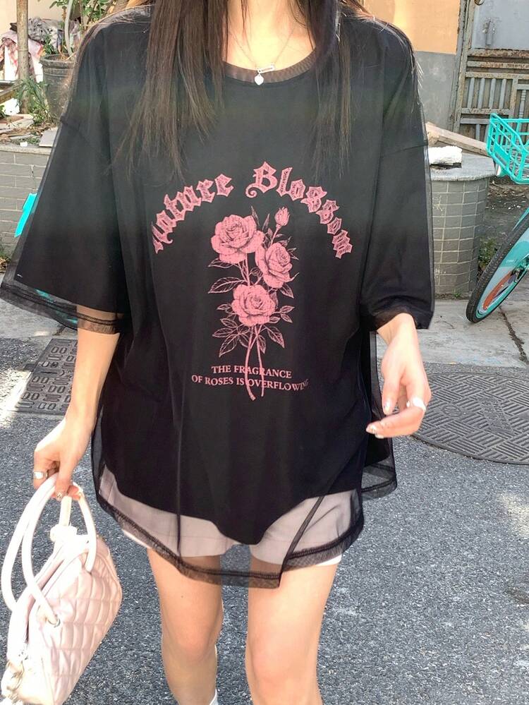 Women's Casual Floral Print Round Neck Drop Shoulder T-Shirt