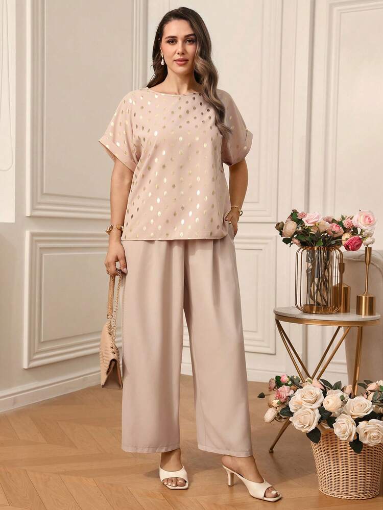2pc Set Plus Size Women's Summer Casual Vacation Elegant Round Neck Short Sleeve Polka Dot Print Blouse Top Shirt And Pants 2-Piece Set With Pockets, Spring/Summer,Summer Holiday,Spring Break Outfits ,Vacation Outfits Women ,Holiday Outfits For Women,Going Out Outfits,2026 New Clothes,Simple And Fashionable For Everyday Wear,Suitable For Summer, Vacation, Commute, Daily Wear,Formal Attire For Women ,Modest Two Piece Set, Plus Size Summer Sets, Wide Leg Pants Set, Plus Size Pants Set, Co Ords Sets Women, Summer Pants Sets For Women