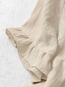 Rusticease 大码卡其色叶边下摆短袖衬衫，简约时尚休闲日常度假穿搭，适合春夏女装，西式女装，春夏款 - 杏色 - 查看 7