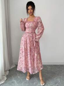 DAZY Women's Elegant Floral Print Square Collar Frill Petal Sleeve Mid-Length Dress, Spring/Summer - Pink - View 4