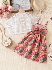 2pcs/Set Young Girl' Lily Flower Strap Dress & Lace Hollow Tassel Top Outfit - Multicolor - View 2