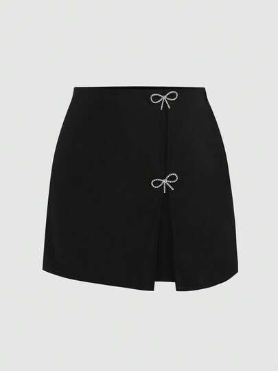 SHEIN Pantalones casuales elegantes con decoración de lazo y patrón de ladrillos para adolescentes, versátiles y adecuados para cualquier ocasión