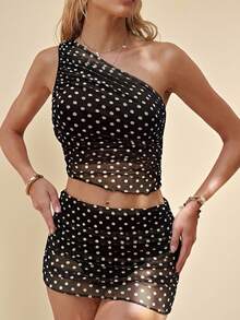 Glamine Women's Elegant Party Evening Mesh Polka Dot Print Top And Bottom Vest Camisole Bikini Set Set, Suitable For Summer Beach - Black and White - View 4