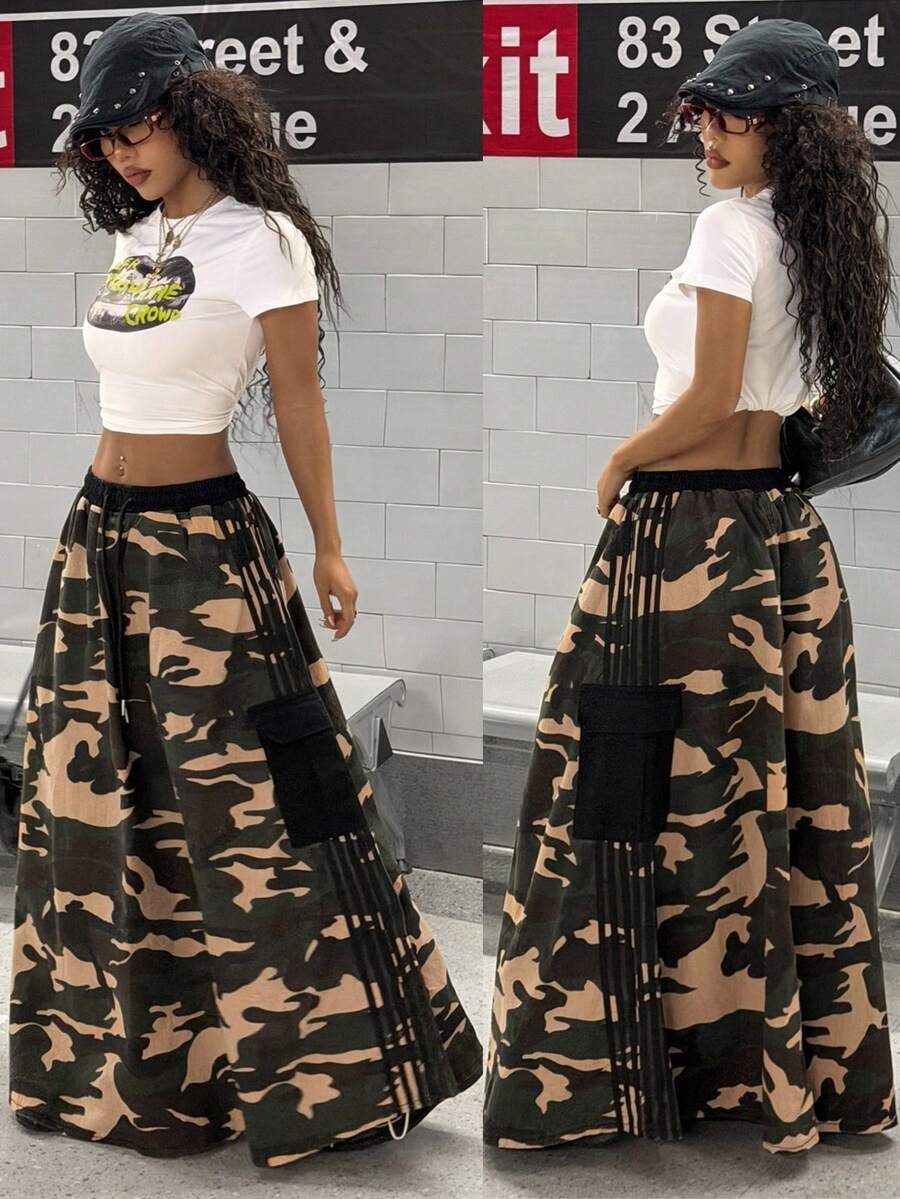 StreetHx Women's Casual Drawstring Waist Camouflage Denim Mini Skirt, Versatile For Dates And Outings - Multicolor - View 1