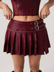 SHEIN ICON Y2k 女式外出酒红色哥特风俱乐部音乐会 Coachella 辣妹休闲百褶裙，按扣设计，适合约会和外出，夏季百搭 - 酒紅色 - 查看 5