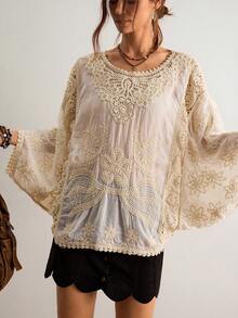 Freevana Áo kiểu nữ ren tan trong nước cổ tròn tay dài dáng rộng, thích hợp đi nghỉ mát, áo móc len, áo mùa hè dễ thương, phong cách bohemian, đồng quê. - Màu be - Xem 4