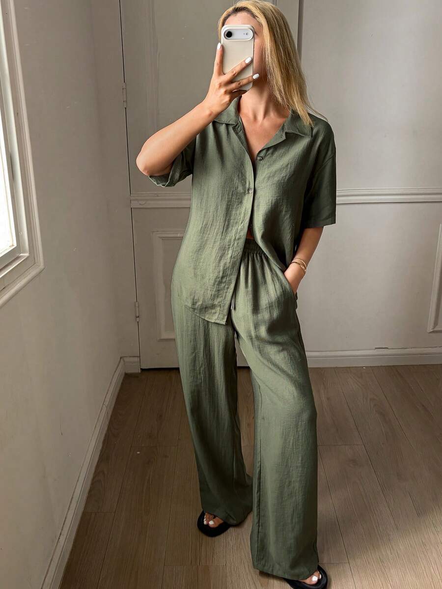 DAZY Women's Simple Green Pajama Set, Summer - Green - View 1