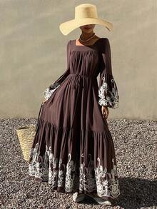 DAZY Women's Square Neck Long Sleeve Bohemian Style Elegant Cinched Waist Waist Dress, Vacation Vibe Maxi Dress Sundress Boho - Brown - View 1