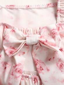 SHEIN Tween Girl Casual Vacation Floral Print Backless Bow Cutout Waist Ruffle Flare Sleeve Dress, Pink - Baby Pink - View 6