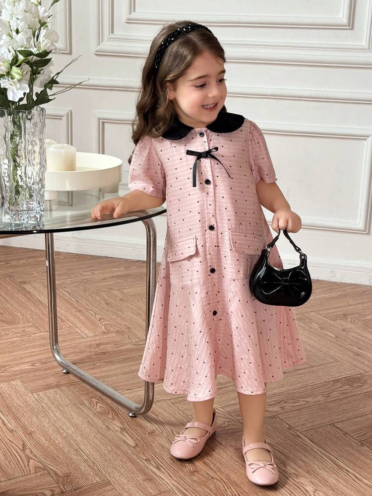 Young Girl Elegant Polka Dot Print Butterfly Decor Summer Dress