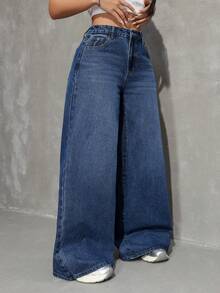 SHEIN Tall Summer Women's TallCasual Daily Commuting Going Out Outfit Pocket Button Casual Versatile Daily Wear Wide Leg Blue Jeans - Dark Wash - View 5