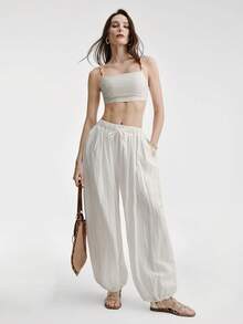 Aveloria Modichic Casual Linen-Like Elastic Waist Drawstring Ruched Wide Leg Pants, Versatile For Vacation & Daily Wear - White - View 1