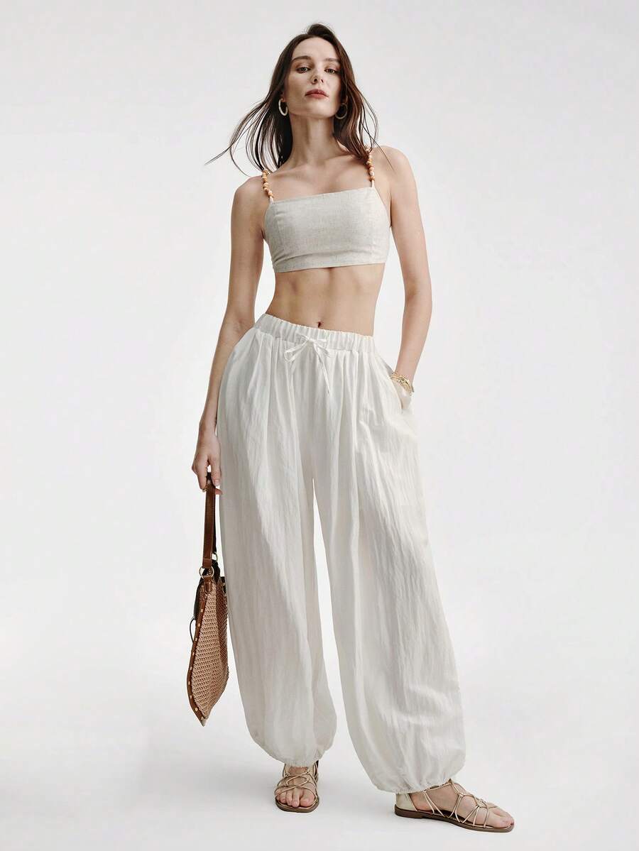 Aveloria Modichic Casual Linen-Like Elastic Waist Drawstring Ruched Wide Leg Pants, Versatile For Vacation & Daily Wear - White - View 1