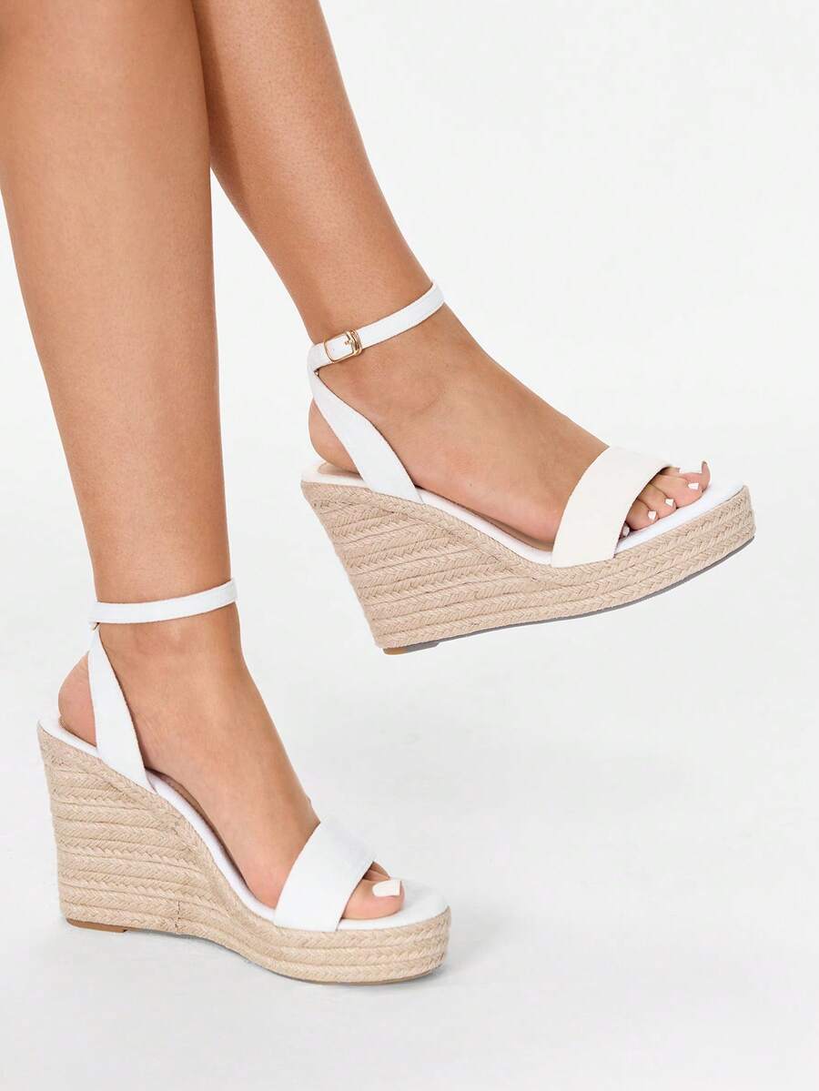 Glitzique 女士夏季海滩度假风格休闲透气亚麻绳圆头厚底凉鞋 - 白色 - 查看 1