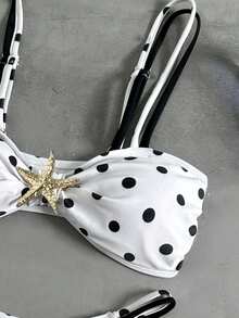 Bonvoyette Conjunto de bikini con estampado de lunares y estrella de mar sexy para mujer, atuendo de playa para el verano - Blanco y Negro - Ver 4