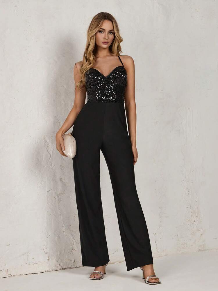 SHEIN Glamour Women's Black Sequin Patchwork Satin Jumpsuit, Suitable For Party Occasions Jumpsuits For Woman Party Sexy Jumpsuits Bodycon Jumpsuit Sequin Jumpsuit Elegant Jumpsuits - Black - View 5