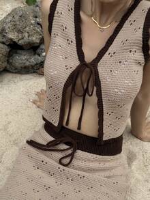 Livesso Women's Hollow Out Lace-Up Knitted Vest And Knitted Mini Skirt 2 Pieces Set, Vacation - Apricot - View 1