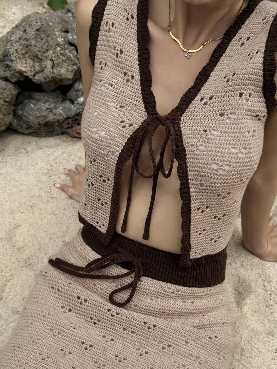 Livesso Women's Hollow Out Lace-Up Knitted Vest And Knitted Mini Skirt 2 Pieces Set, Vacation - Apricot - View 1