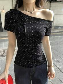DAZY Women's Polka Dot Print Asymmetric Neck Tie Short Sleeve T-Shirt Summer - Black - View 5