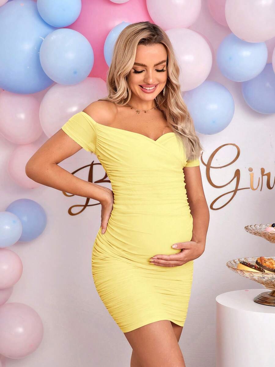 Loomaby Elegant Party Solid Color Off-Shoulder Ruched Fitted Maternity Dress - Yellow - View 1