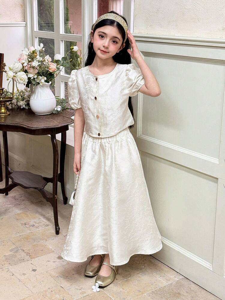 Tween Girl Jacquard Petal Sleeve Single-Breasted Jacket And Mini Skirt Set Summer