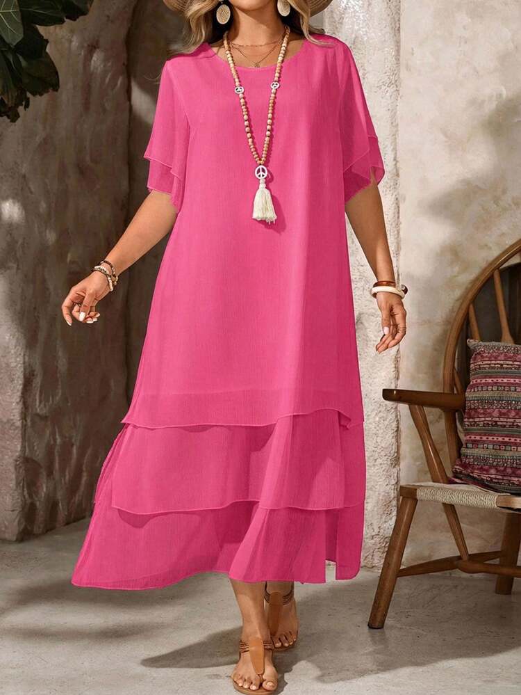 Plus Size Casual Dress, White Round Neck Sleeveless Asymmetrical Flowing Hem, Bohemian Style, Suitable For Spring & Summer
