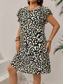 EMERY ROSE Plus Size Leopard Print Ruffled Hem Casual Vacation Dress,Vacation Outfits Woman,Summer Clothes - Black - View 4