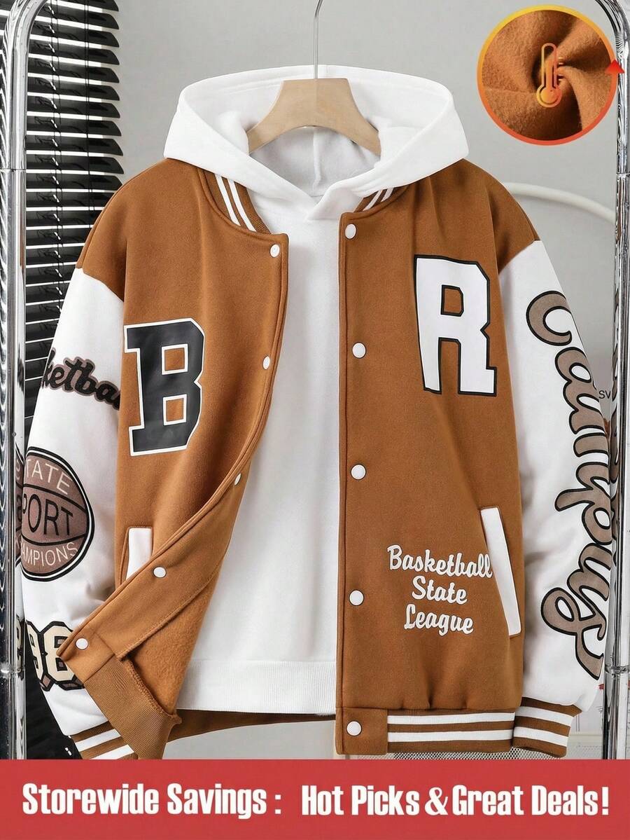 SHEIN Explorewe 青少年男孩时尚休闲撞色拼布字母印花夹克 - 咖啡棕 - 查看 1