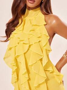 Radiana 浪漫荷叶边雪纺不对称下摆连衣裙，轻盈飘逸的雪纺连衣裙，性感露背连衣裙，挂脖连衣裙，连衣裙，约会连衣裙，度假连衣裙，适合约会、聚会、下午茶、生日、派对、舞会、鸡尾酒会、俱乐部、海岛度假、海滩、假日等场合。性感黄色连衣裙，黄色荷叶边连衣裙，黄色挂脖连衣裙，女士黄色连衣裙，黄色泳装罩衫。 - 淡黃色 - 查看 7