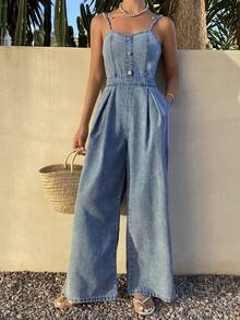 DAZY Women's Casual Washed Denim Jumpsuit With Wide Leg, Summer - Medium Wash - View 1