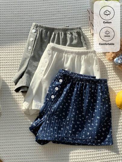 Comfortcana 2026 New Arrival Spring/Summer Fashionable 3pcs/Set Summer Knit Cherry Ditsy Floral Low Waist Shorts Summer Outfits For Women Beach Shorts Beach Outfit  Vacation Outfits Women 2000s Style  Valentine's Day, Carnival, Beach, Holiday, Home Leisure, Street, College  Pajama 3pcs Shorts   White And Flower  Graphic And Gray   3pcs/Set