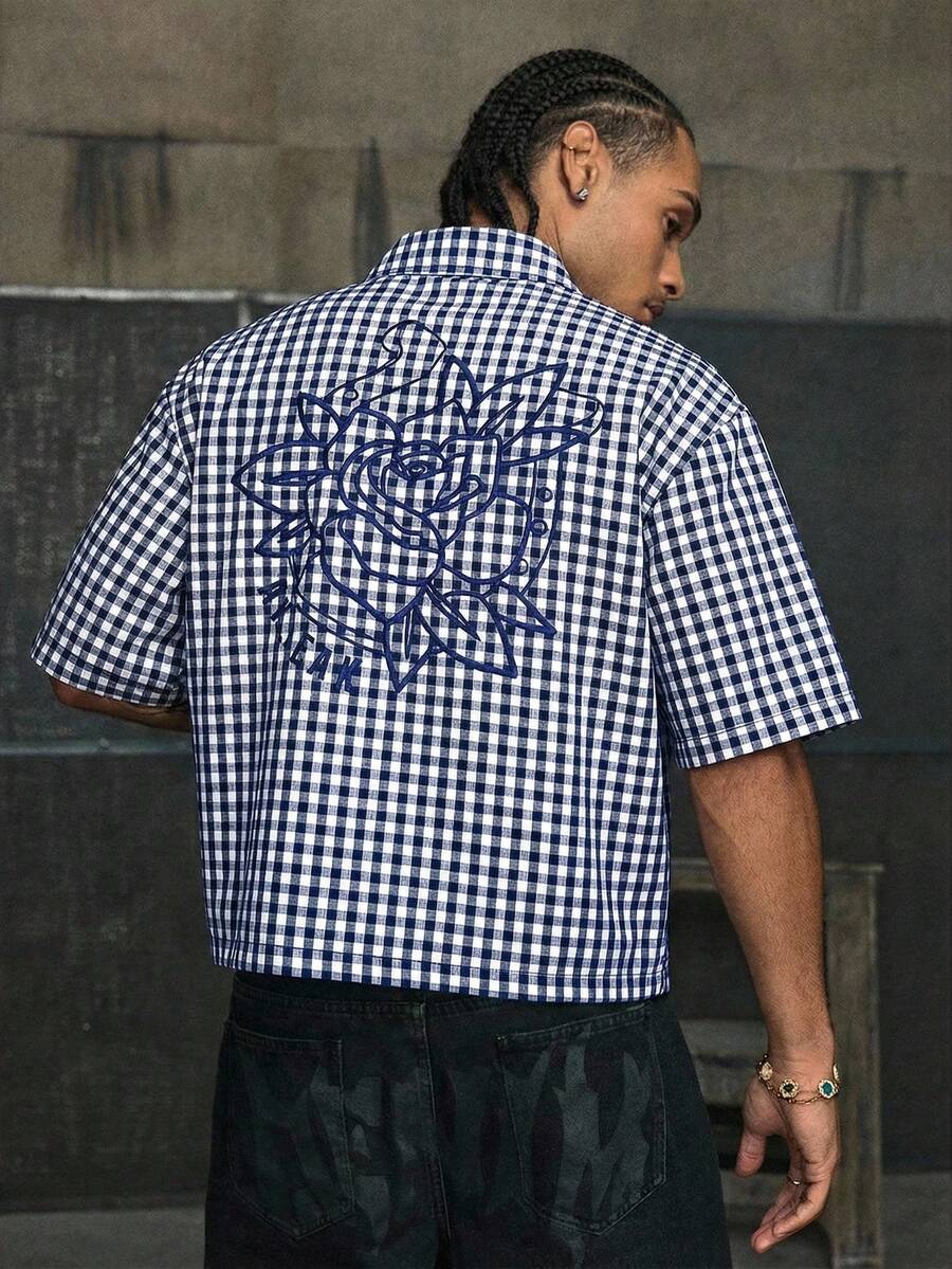 AXEPEAK 男士格子短袖单排扣休闲宽松衬衫 - 藍白色 - 查看 1