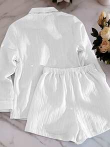 Airaco Bộ 2 món gồm áo sơ mi mùa hè nhẹ nhàng, đa năng và quần short ống rộng, đính sequin lấp lánh, thích hợp mặc thường ngày cho nữ. - trắng - Xem 2