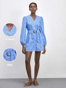 Maija Women's Hollow Embroidery Lantern Sleeve V-Neck Casual Short Dress - Blue - View 7