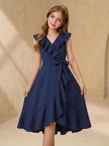 Vestido envolvente con volantes de unicolor elegante para niña preadolescente - Azul Marino - Ver 6