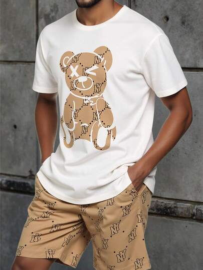 2pcs/Set Teenage Boys Casual Classic Floral & Cartoon Print T-Shirt And Matching Floral Print Shorts, Stylish Outfit For Daily Wear