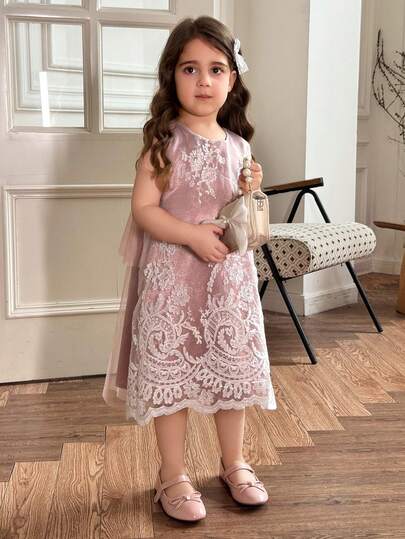 DAZY Young Girl Summer Elegant Embroidered Mesh Sleeveless Dress