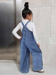 SHEIN Young Girl Washed Dark Blue Denim Bib & Brace Pants - Medium Wash - View 2