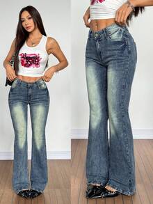 SHEIN PETITE 女士休闲百搭喇叭牛仔裤，带口袋 - 深色水洗藍 - 查看 2