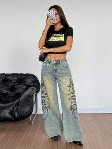 SHEIN PETITE Women's Graphic Print Slant Pocket Casual Versatile Wide Leg Jeans - Black - View 4