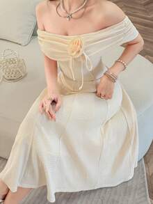 Feyla Vestido elegante de mujer con hombros descubiertos y flores 3D - Albaricoque - Ver 2