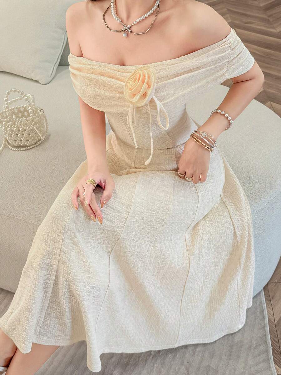 Feyla Vestido elegante de mujer con hombros descubiertos y flores 3D