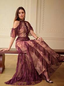 ZEYLAH Lace Patchwork Ruffle Off-Shoulder Dress, Spring/Summer - Purple - View 6