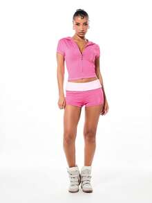 BABYPHAT Women's Pink Velour Booty Shorts With Rhinestone Script And Fold Over Waistband For Summer Beach Vacation - Pink - View 4