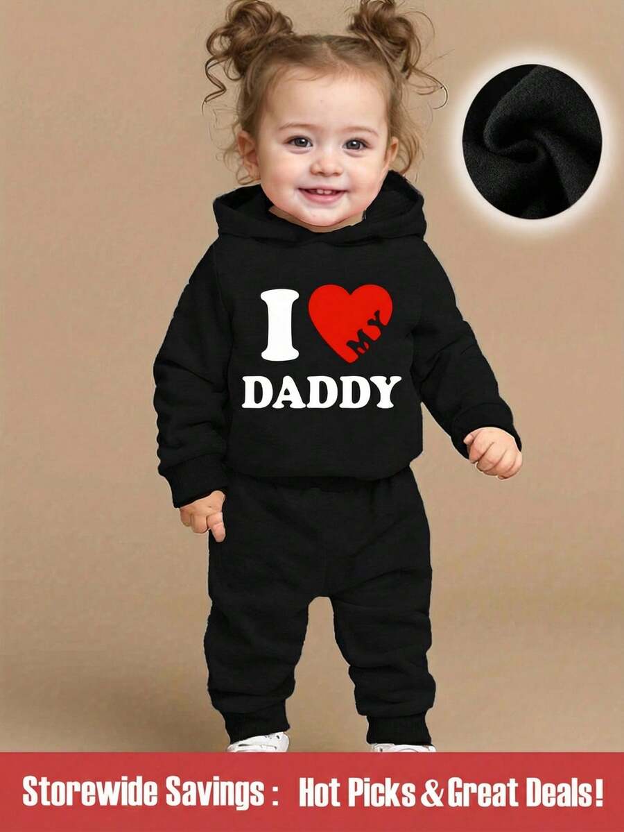 2pcs Baby Girl Fashion Rainbow Girl Letter Print Hoodie Sweatshirt & Pants Set, Casual Warm Outfit For Autumn/Winter - Black - View 1