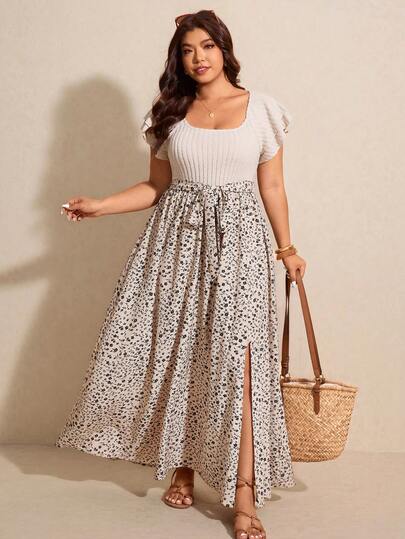 Elaquor 大码女士度假风拼接花卉荷叶边袖侧开衩休闲连衣裙