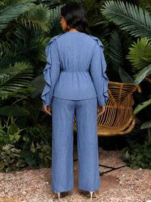 SHEIN Lady 女士圆领荷叶边长袖系腰衬衫和裤子两件套 - 藍色 - 查看 3