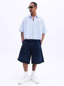 SUMWON Men's Red Embroidered Script Striped Button Down Short Sleeve Oversized Summer Shirt With Chest Pocket,  Men S Work Shirts, Shirts Streetwear - Blue and White - View 3